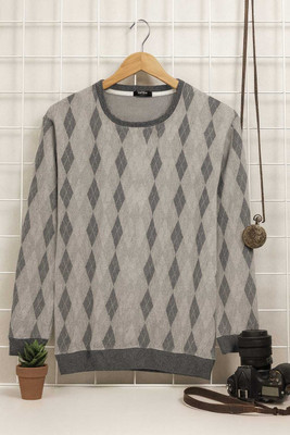 Austivo Printed High Neck Casual Men Grey Sweater