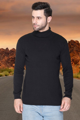 jorden4u Solid, Self Design Turtle Neck Casual Men Black Sweater
