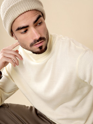 WROGN Solid High Neck Casual Men Beige Sweater