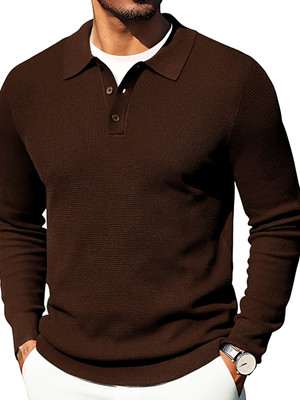 TYSORT Self Design Collared Neck Casual Men Brown Sweater