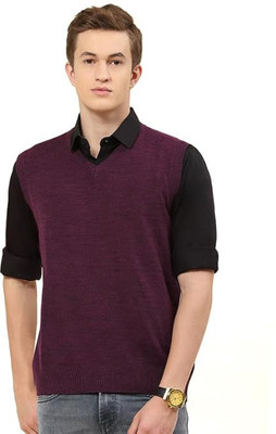 manra Solid V Neck Casual Men Purple Sweater