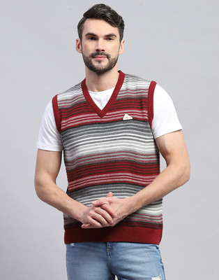 MONTE CARLO Striped V Neck Casual Men Red Sweater