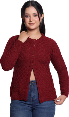 Varenyam Self Design Ruffle Neck Casual Women Maroon Sweater