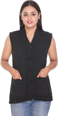 WOOL 4U Self Design V Neck Casual Women Black Sweater