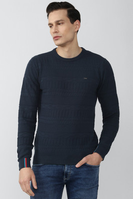 VAN HEUSEN Striped Round Neck Casual Men Blue Sweater