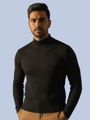 PEAK MOUNT Solid High Neck Casual Men Black Sweater