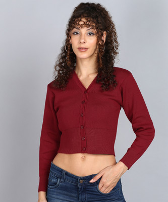 Kiyansh Creation Solid V Neck Casual Women Maroon Sweater