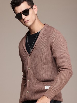 WROGN Self Design V Neck Casual Men Brown Sweater