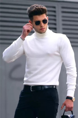 zazbi Solid High Neck Casual Men White Sweater