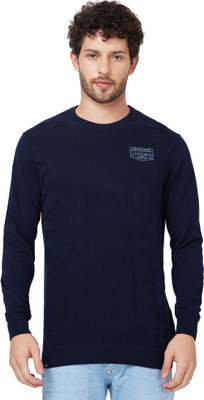 Spykar Printed Round Neck Casual Men Blue Sweater