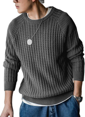 nikline Self Design Round Neck Casual Men Grey Sweater