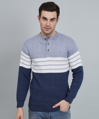 MORKEL Woven, Striped Round Neck Casual Men Blue, White Sweater