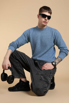 FREAKS Solid Round Neck Casual Men Light Blue Sweater