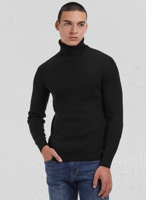 LIME Solid Turtle Neck Casual Men Black Sweater