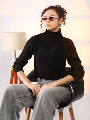 CHEMISTRY Solid High Neck Casual Women Black Sweater