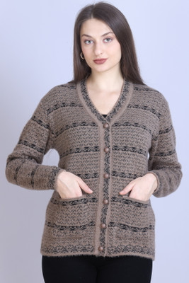 First Sleep Self Design V Neck Casual Women Reversible Brown Sweater