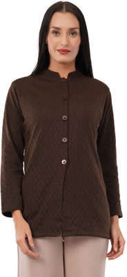 LE ARC Self Design Mandarin Neck Casual Women Brown Sweater