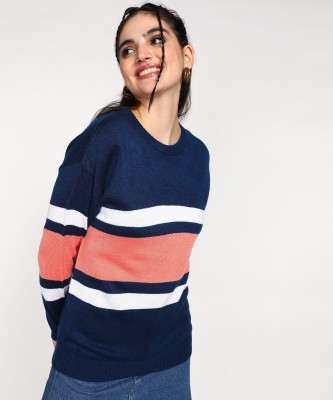 NUMERO UNO Striped Crew Neck Casual Women Multicolor Sweater