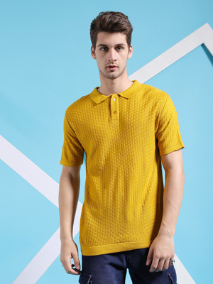 The Indian Garage Co. Solid Collared Neck Casual Men Yellow Sweater
