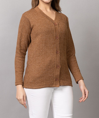 COLORCHAKRA Woven V Neck Casual Women Brown Sweater