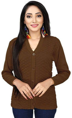 Shunit creation Self Design V Neck Lounge Wear Women Brown Sweater