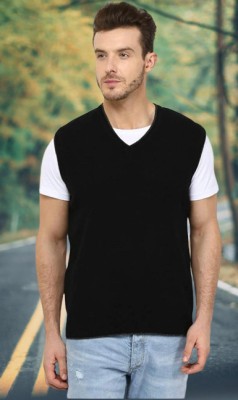 jorden4u Solid, Self Design, Embroidered V Neck Casual Men Black Sweater