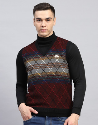 MONTE CARLO Self Design V Neck Casual Men Maroon Sweater