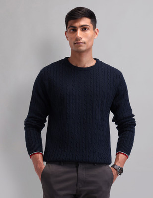 AD by Arvind Self Design Round Neck Casual Men Blue Sweater