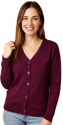 urban trees Solid Mandarin Neck Casual Women Maroon Sweater