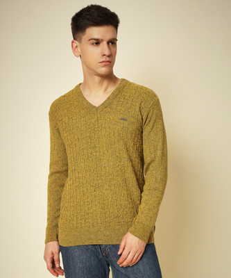 HELL BOUND Self Design V Neck Casual Men Green Sweater