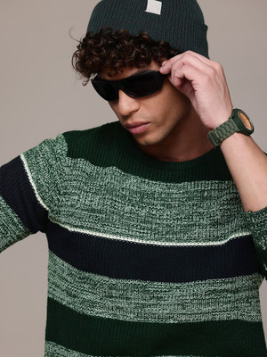 Roadster Colorblock Round Neck Casual Men Green Sweater