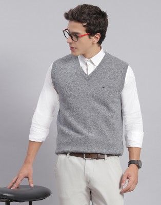 MONTE CARLO Solid V Neck Casual Men Grey Sweater