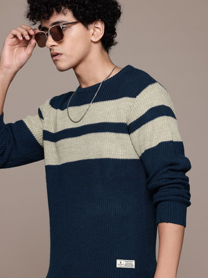 Roadster Striped Round Neck Casual Men Blue, Grey Sweater