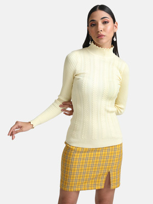 KAZO Self Design High Neck Casual Women Yellow Sweater