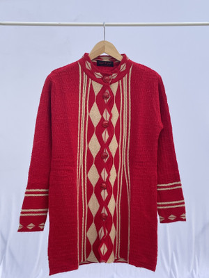 Wool N Fool Self Design, Geometric Print, Woven, Floral Print Round Neck Casual Women Red Sweater