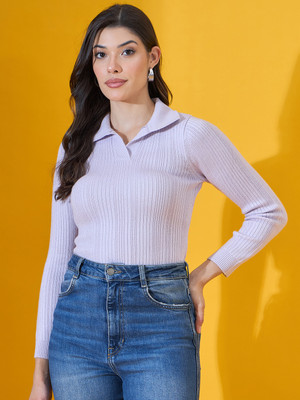 98 Degree North Self Design Collared Neck Casual Women Purple Sweater