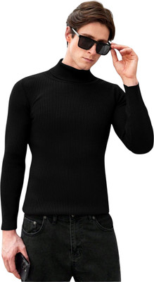 urban trees Self Design High Neck Casual Men Black Sweater