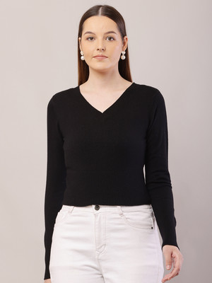 Nobarr Solid V Neck Casual Women Black Sweater
