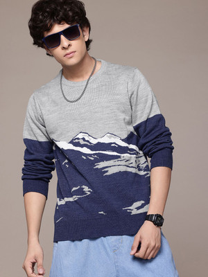 Roadster Self Design Round Neck Casual Men Grey Sweater