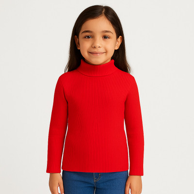 Chiclift Solid High Neck Casual Baby Girls Red Sweater