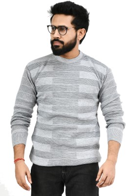 manra Striped Round Neck Casual Men Grey Sweater