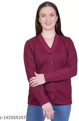 Dhanlaxmi Solid V Neck Casual Women Maroon Sweater