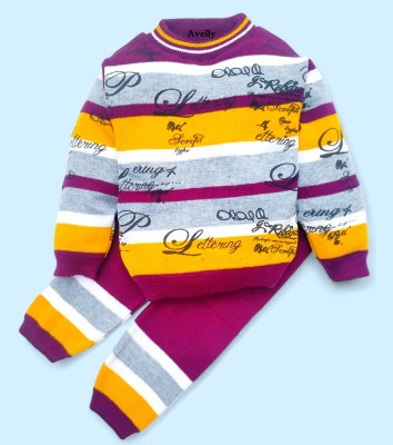 JAI Striped Round Neck Casual Boys & Girls Purple Sweater