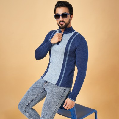 YU by Pantaloons Colorblock High Neck Casual Men Blue, White Sweater