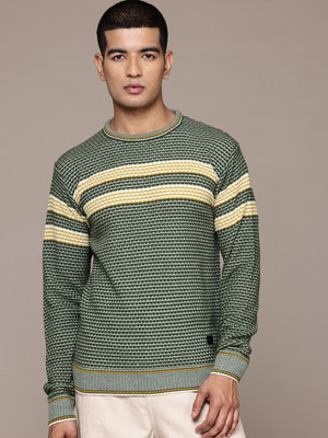 Roadster Striped Round Neck Casual Men Green Sweater