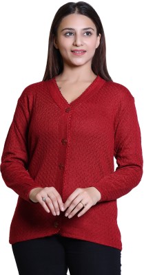 hifzaa Self Design V Neck Casual Women Red Sweater