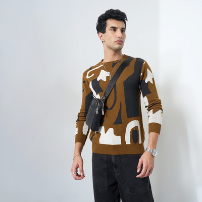 PEOPLE Solid Round Neck Casual Men Brown Sweater