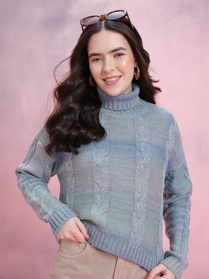 Dressberry Self Design Turtle Neck Casual Women Blue Sweater