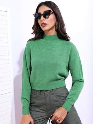 Tokyo Talkies Solid High Neck Casual Women Green Sweater