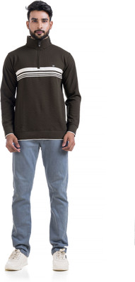Vital Striped High Neck Casual Men Dark Green Sweater